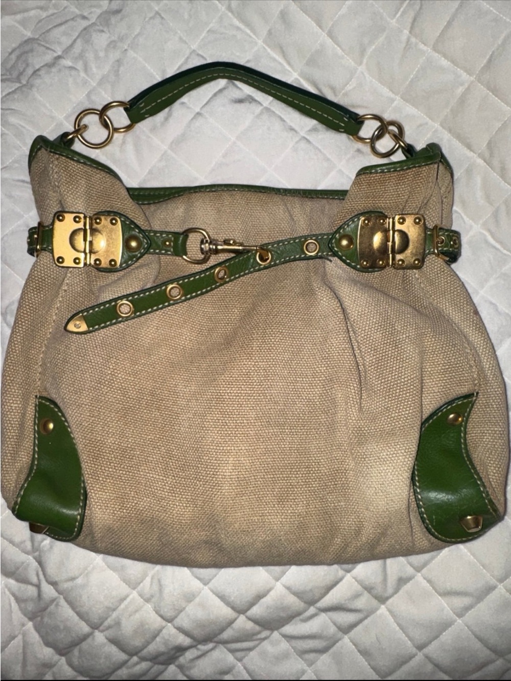 Miu Miu Beige Canvas Tote with Green Leather Trim and Gold Hardware